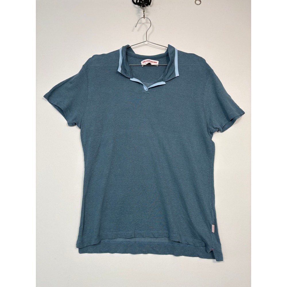 Orlebar Brown Mens Polo Shirt XL Blue Textured Short Sleeve V-Neck Portugal